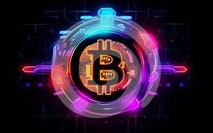 Neon color bitcoin logo on abstract background.