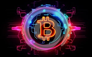 Neon color bitcoin logo on abstract background.