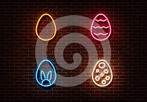 Neon color eggs sign vector isolated on brick wall. Easter light symbol, decoration effect. Neon egg