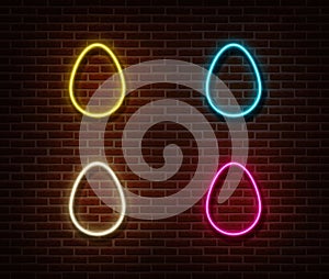 Neon color eggs sign vector isolated on brick wall. Easter light symbol, decoration effect. Neon egg