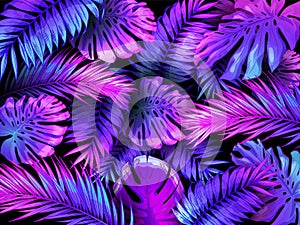 Neon color tropical leaves. Trendy colorful palm tree leaf, jungle background and purple exotic plants leaves vector wallpaper