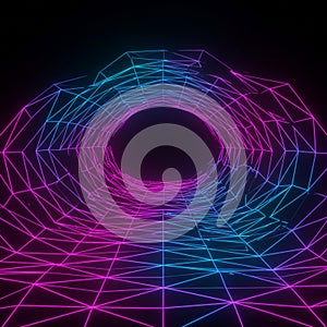 Neon-colored 3D tunnel comprised of grid-like lines in a polygonal pattern. The colors