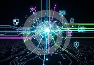 Neon-colored digital network with interconnected nodes and lines