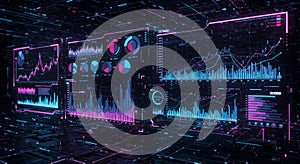 Neon-colored, high-tech interface featuring multiple digital charts and graphs.