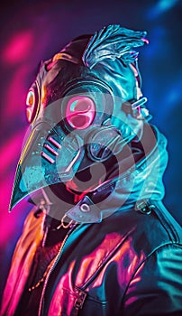 Neon colored masked character in grunge cyberpunk style clothing. Ai generated.