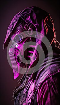 Neon colored masked character in grunge cyberpunk style clothing. Ai generated.