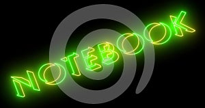 Neon-colored notebook word text animation with a glowing neon-colored moving outline on a dark background in 4k.