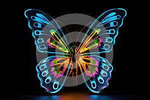 Neon colorful butterfly on a black background. Generative AI