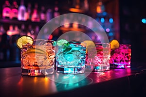 Neon colorful cocktails in a cyberpunk bar