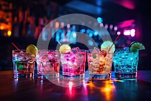 Neon colorful cocktails in a cyberpunk bar