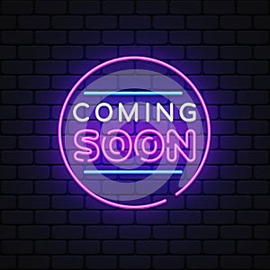 Neon Coming Soon for web marketing design. Business banner. Message notification. Neon glow background. Vector