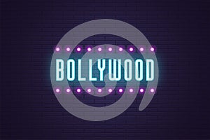 Neon composition of headline Bollywood. Neon Text