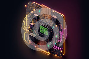 Neon computer processor on black background, created using generative ai technology