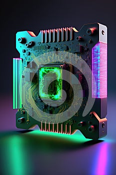 Neon computer processor on black background, created using generative ai technology