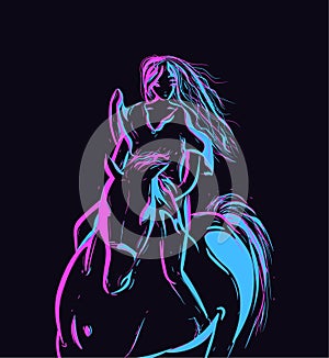 Neon conceptual art with a woman silhouette riding a horse. Championship flat illustration for Kentucky derby.