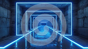 Neon concrete garage background, abstract empty grungy tunnel with lines of led blue light, perspective of modern dark underground