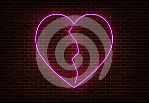 Neon crack heart sign vector isolated on brick wall. Light heart, shop decoration element. Neon love