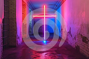 Neon cross in dim room