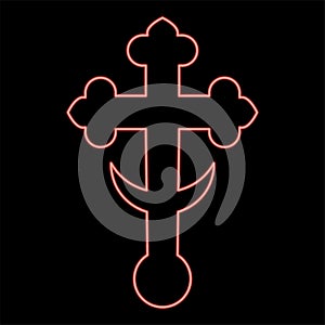 Neon cross trefoil shamrock on church cupola domical with half-moon Cross monogram Religious cross red color vector illustration