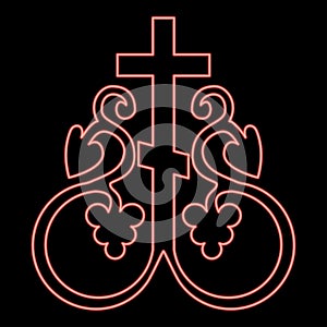 Neon cross vine Cross monogram Symbol secret communion sign Religious cross anchors red color vector illustration image flat style