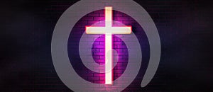 Neon cross web banner. Glowing christian wide cyberpunk background with a holy shrine, brick wall illuminated by cyber