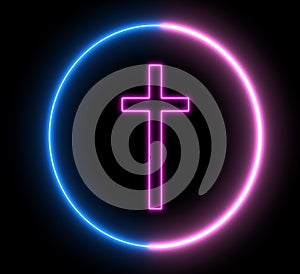 Neon crucfix, religion concept. Inside swirling round, sign of Christianity
