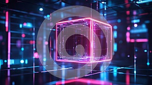 Neon Cube Hovers in Futuristic Digital Space