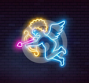 Neon Cupid on dark background. Vector illustration