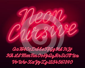 Neon cursive alphabet font. Red color lowercase and uppercase bright letters and numbers.