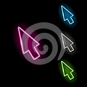 Neon cursor icon. Set of computer mouse arrow pointer in four different colours isolated on black background. Web