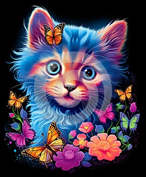 Neon Cute Kitten with Flowers Art on Black