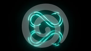 Neon Cyan Infinity Sign or Symbol with Reflection Motion Animation. 4k 3D Abstract footage.