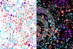 Neon cyan, purple and coral random round paint splashes on black and white background. Abstract colorful texture