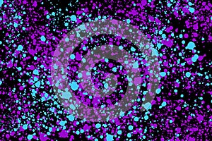 Neon cyan and purple random round paint splashes on black background. Abstract colorful texture