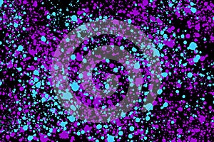 Neon cyan and purple random round paint splashes on black background. Abstract colorful texture photo