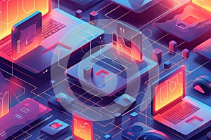 Neon Cyber Network with Connected Laptops