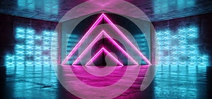 Neon Cyber Sci Fi Futuristic Modern Stage Podium Triangle Shaped Blue Pirple Pink Glowing Led Laser Dance Club Lights Dark Grunge photo
