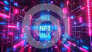 Neon cyber space with NFT, modern token on abstract digital background. Theme of blockchain, non-fungible, crypto art, data,