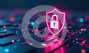 Neon cybersecurity shield icon glowing padlock symbol digital