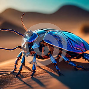 Neon Cyborg Insect: Close-Up of Shiny Metallic Hi-Tech Bug in Glowing RGB
