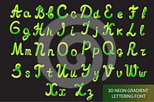 Neon 3D Typeset with Rounded Shapes. Tube Hand-Drawn Lettering. Font Set of Painted Letters. Night Glow Effect or liquid