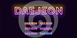 Neon Daejeon name, City in South Korea. Neon text of Daejeon city. Vector set of glowing Headlines