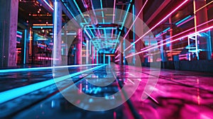 The neon dance floor filled with lines creating a lively and electric atmosphere