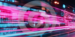 Neon data stream with motion blur and binary code