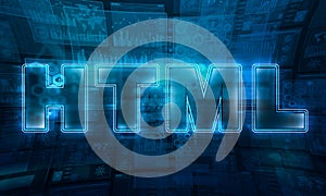 Neon design text of Hypertext Markup Language or HTML in technological and futuristic background