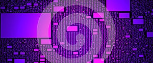 Neon digital abstract techno background. Geometric purple electronic 3d render circuit board