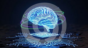 Neon Digital Brain Concept Hovering Over CPU for Advanced Technology and Computing Power