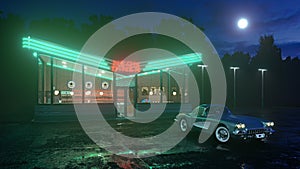 Neon diner and retro car late at night. Fog, rain and colour reflections on asphalt. 3d illustration