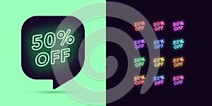 Neon Discount Tag, 50 Percentage Off. Offer Sale