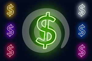 Neon dollar sign in various color options on a dark background .